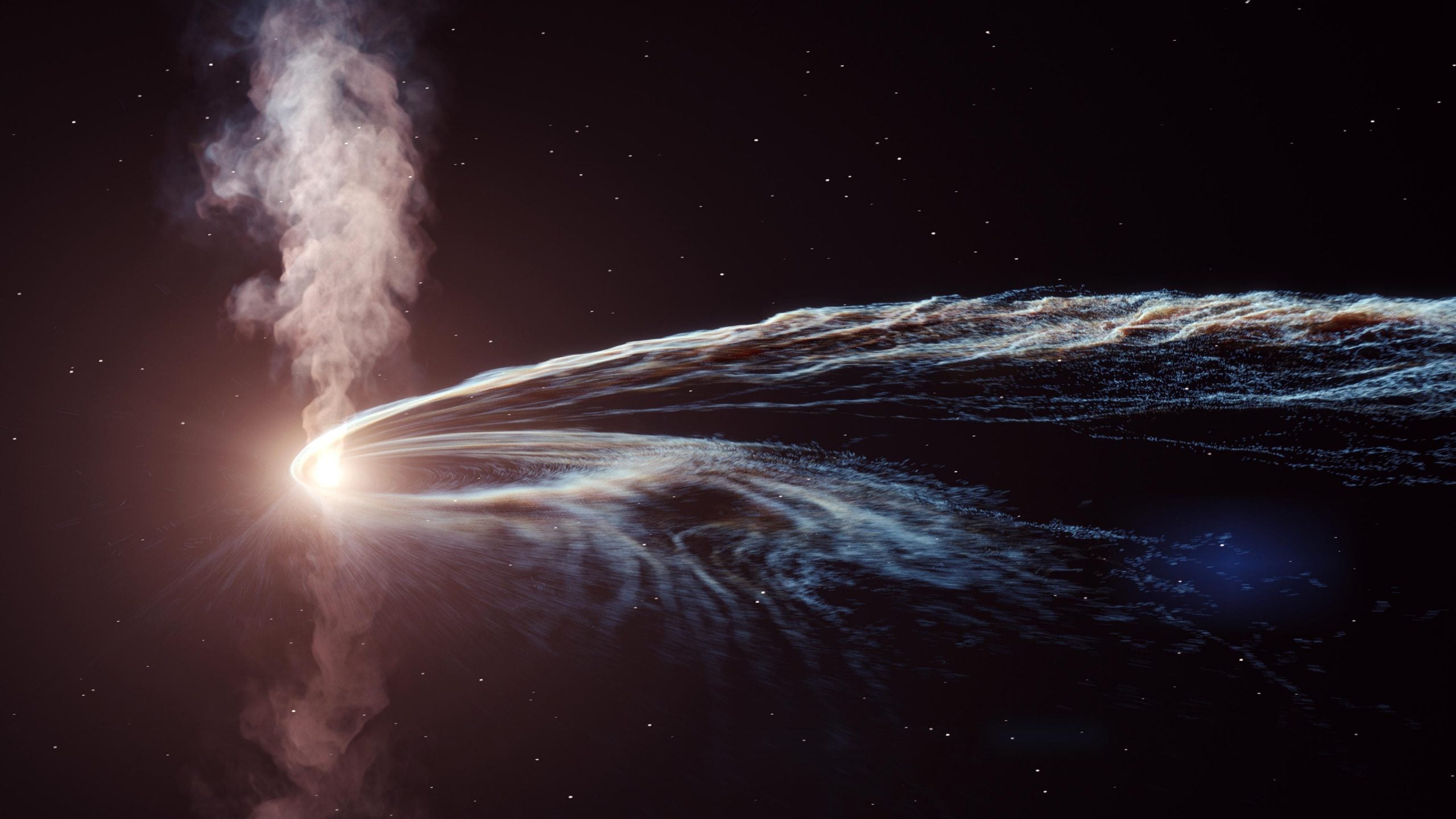 An illustration of a star being pulled into a black hole.