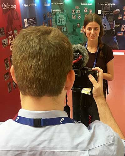 Brett Taylor and Brooklyn Loiselle prepareing for a stand-up video shoot