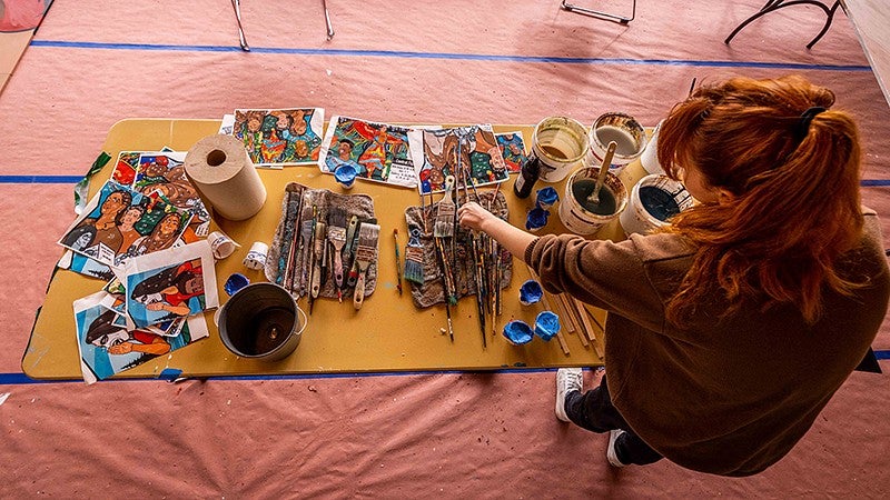 Paints and brushes used to create the mural