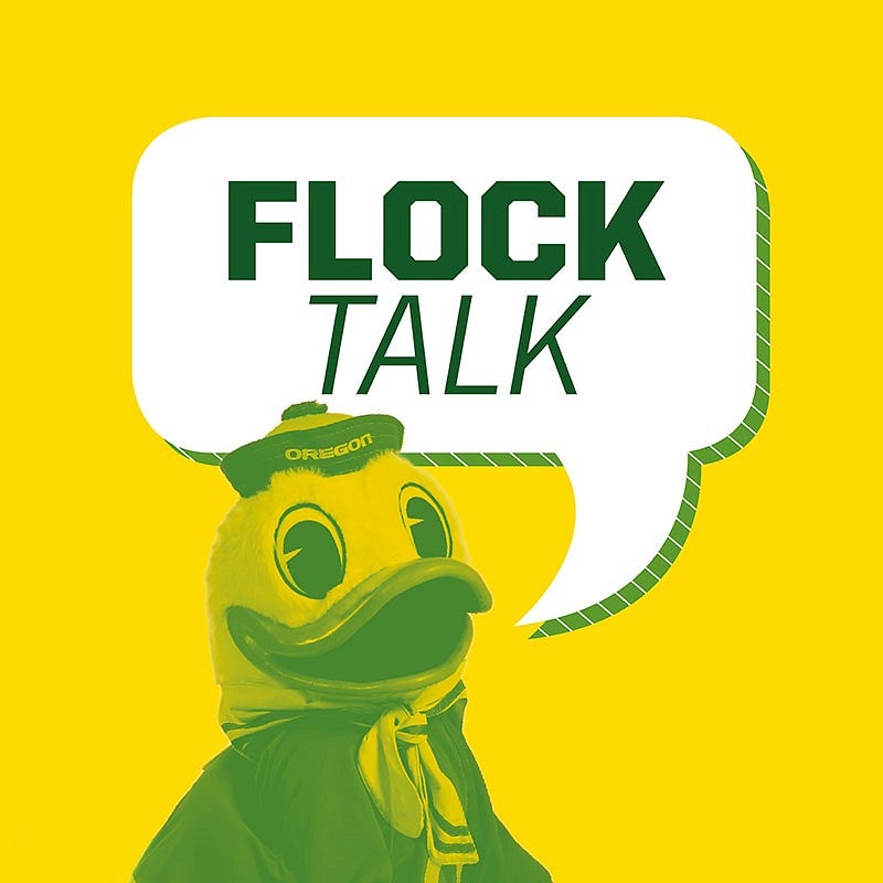 A cut out of the Oregon Duck with a word bubble with text reading "Flock Talk" on a yellow background