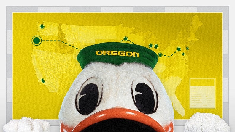 The duck peeking over and edge with a map of Big Ten school locations in the background