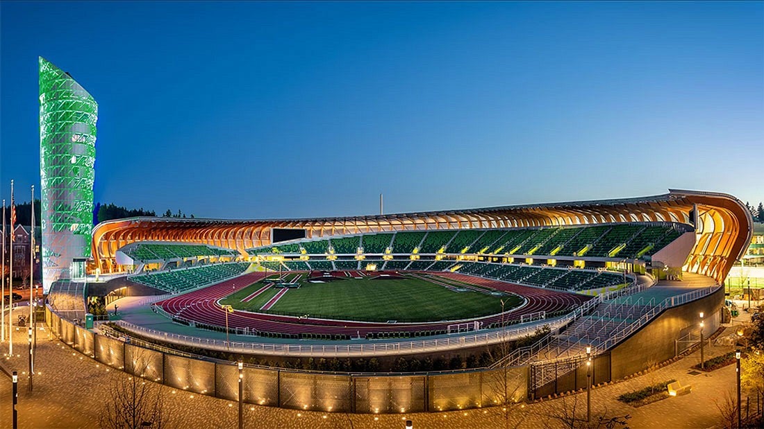 Lighting illuminates Hayward Field at sunset