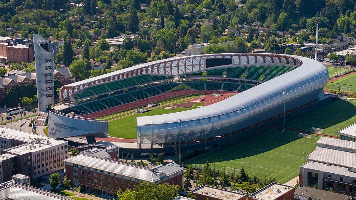 Aerial view of Hayward Field on the University of Oregon's Eugene campus