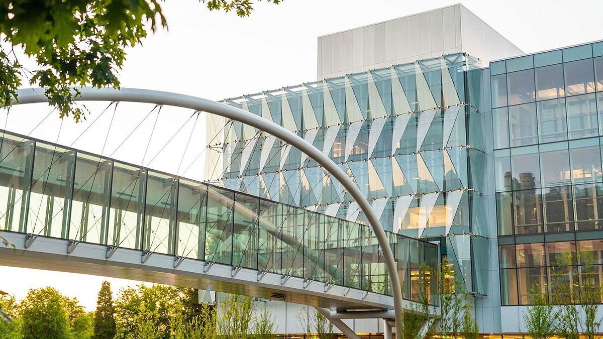 Knight Campus building with footbridge providing pedestrian access above the adjacent street