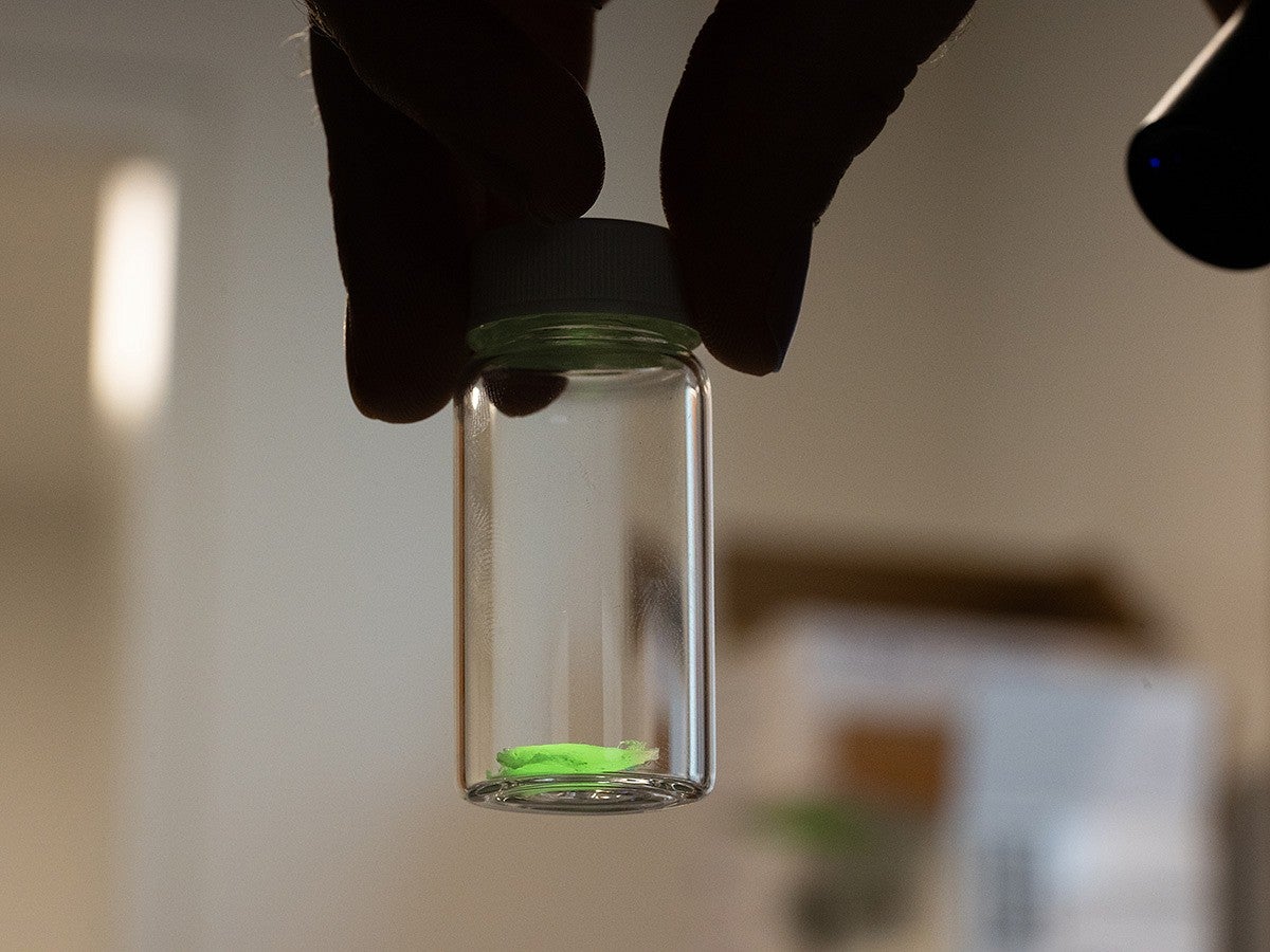 nanohoops in a small jar glow while being held under fluorescent lighting