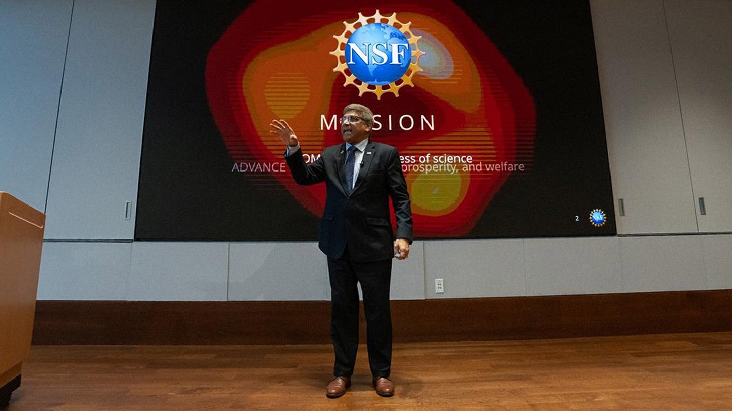 NSF Director Sethuraman Panchanathan gives a talk during his visit to the UO Eugene campus