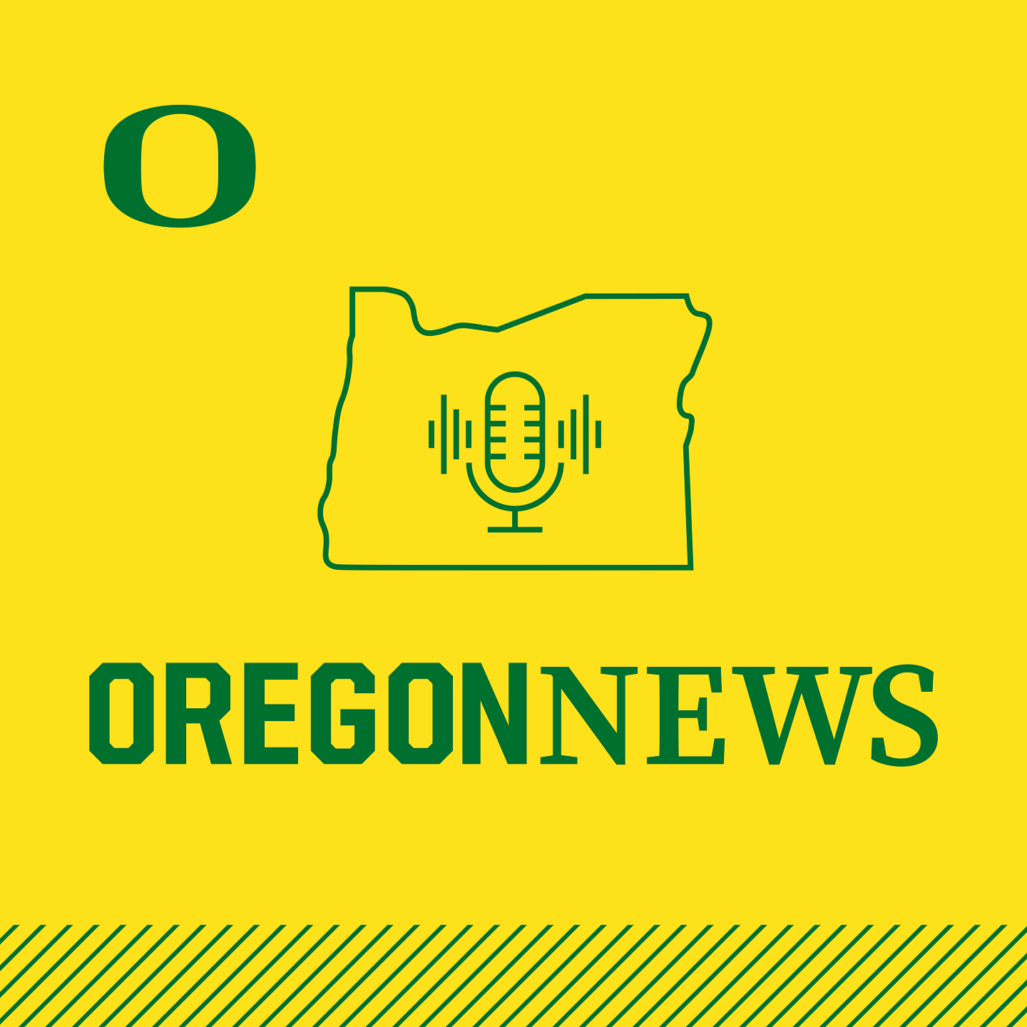 A thumbnail image for the Oregon News podcast featuring line art of a microphone inside the outline of the state of Oregon