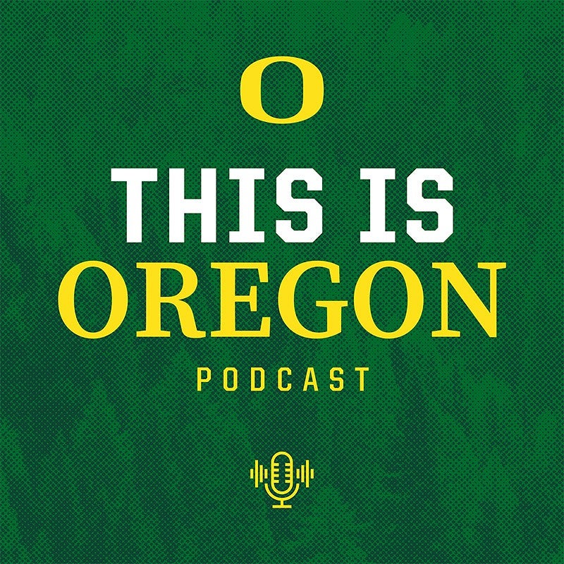 Thumbnail image for the This Is Oregon podcast with text reading "This is Oregon podcast" on a green forest background and a small microphone icon at the bottom