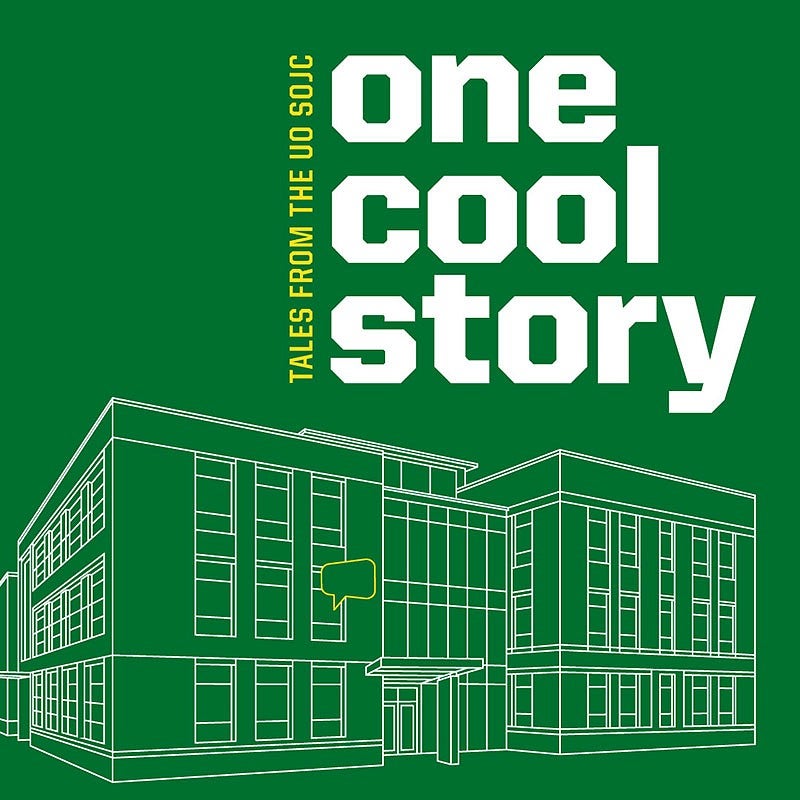 An image with a line art version of Allen Hall with a headline above reading "one cool story: tales from the UO SOJC"