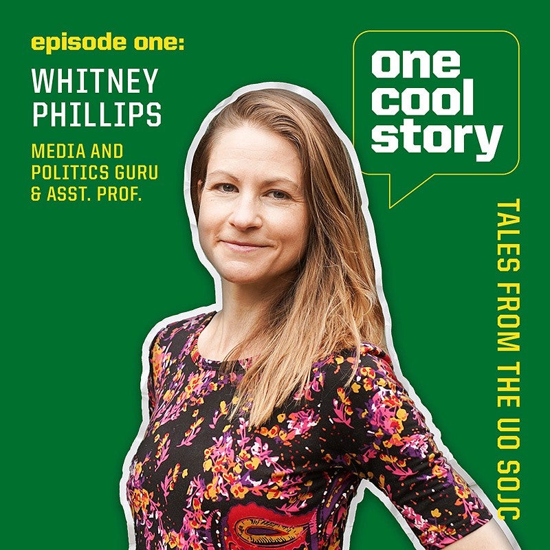 A headshot of Whitney Phillips on a graphic for a podcast episode