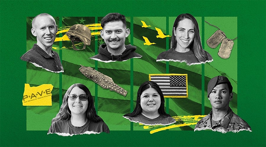 Set against a green-and-yellow backdrop with Ducks and veteran imagery, six student veterans discuss how PAVE helped them succeed at the University of Oregon