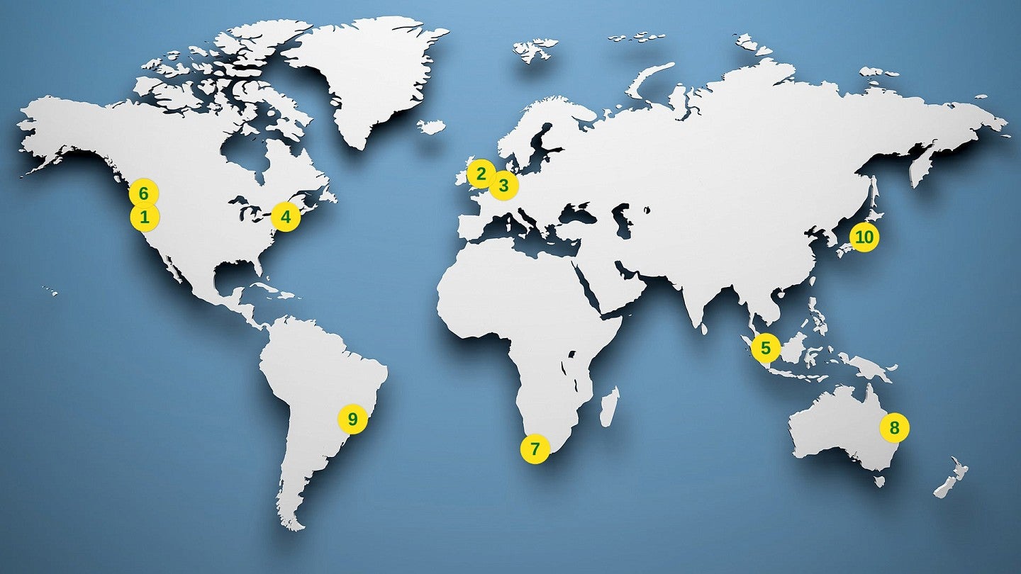 Map of the globe showing the locations of the GSUN Leadership Council Member University locations in 2024. Marked locations are listed below the map.