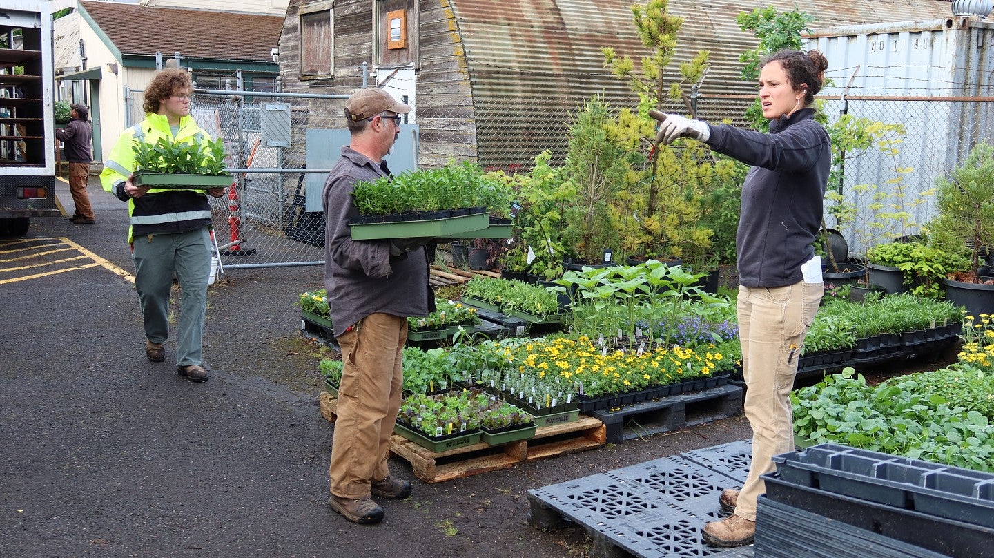 A woman directs crew members carrying flowers