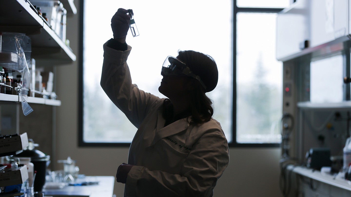 Silhouette of lab worker holding up test tube