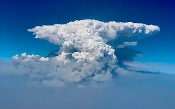 Pyrocumulus cloud, also known as a fire cloud, seen over the Bootleg Fire in southern Oregon on July 14, 2021. (Bootleg Fire Incident Command via AP)