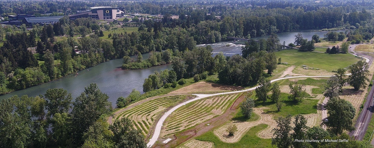 aerial view of the Fuller Land Lab next to the Willamette River