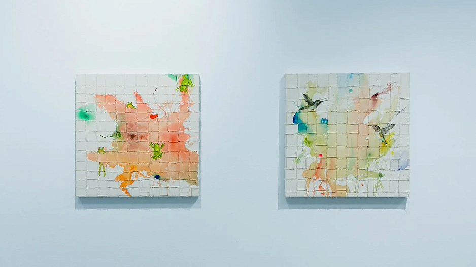 Two acrylic and canvas paintings with shades of orange and animals including frogs and hummingbirds