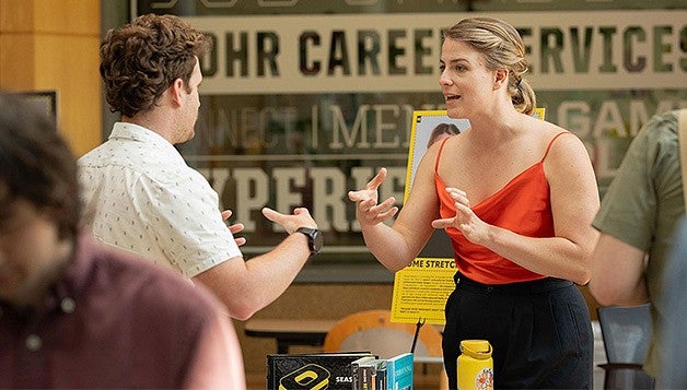 Lauren van Vliet explains her co-housing business concept at the Oregon Innovation Challenge in 2025.