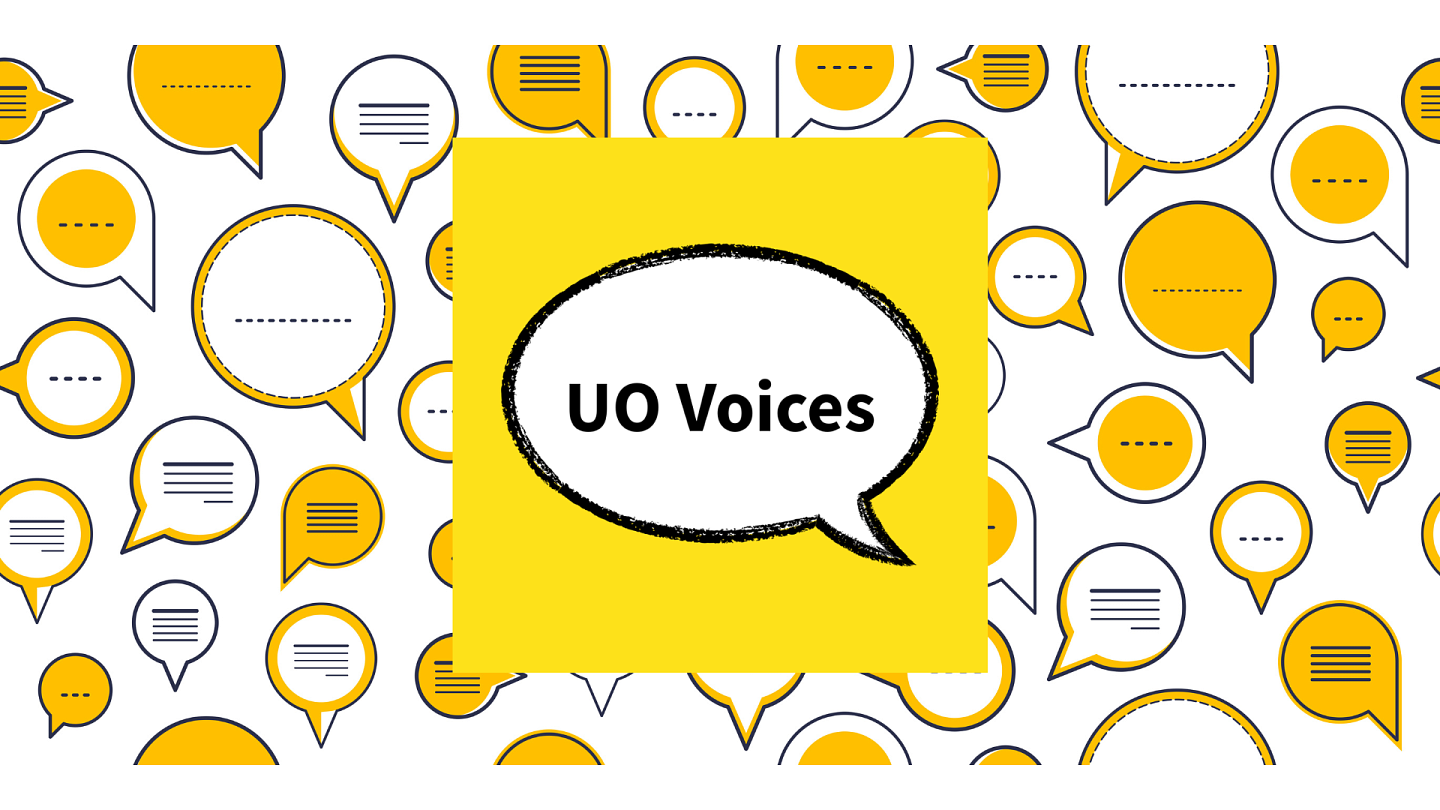 Word bubble that says UO Voices with a background of more blank work bubbles 