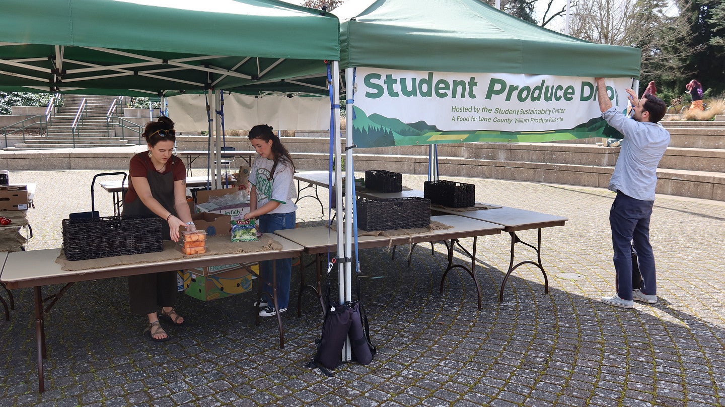 Workers at a produce stand in the UO amphitheater set up a shelter and tables