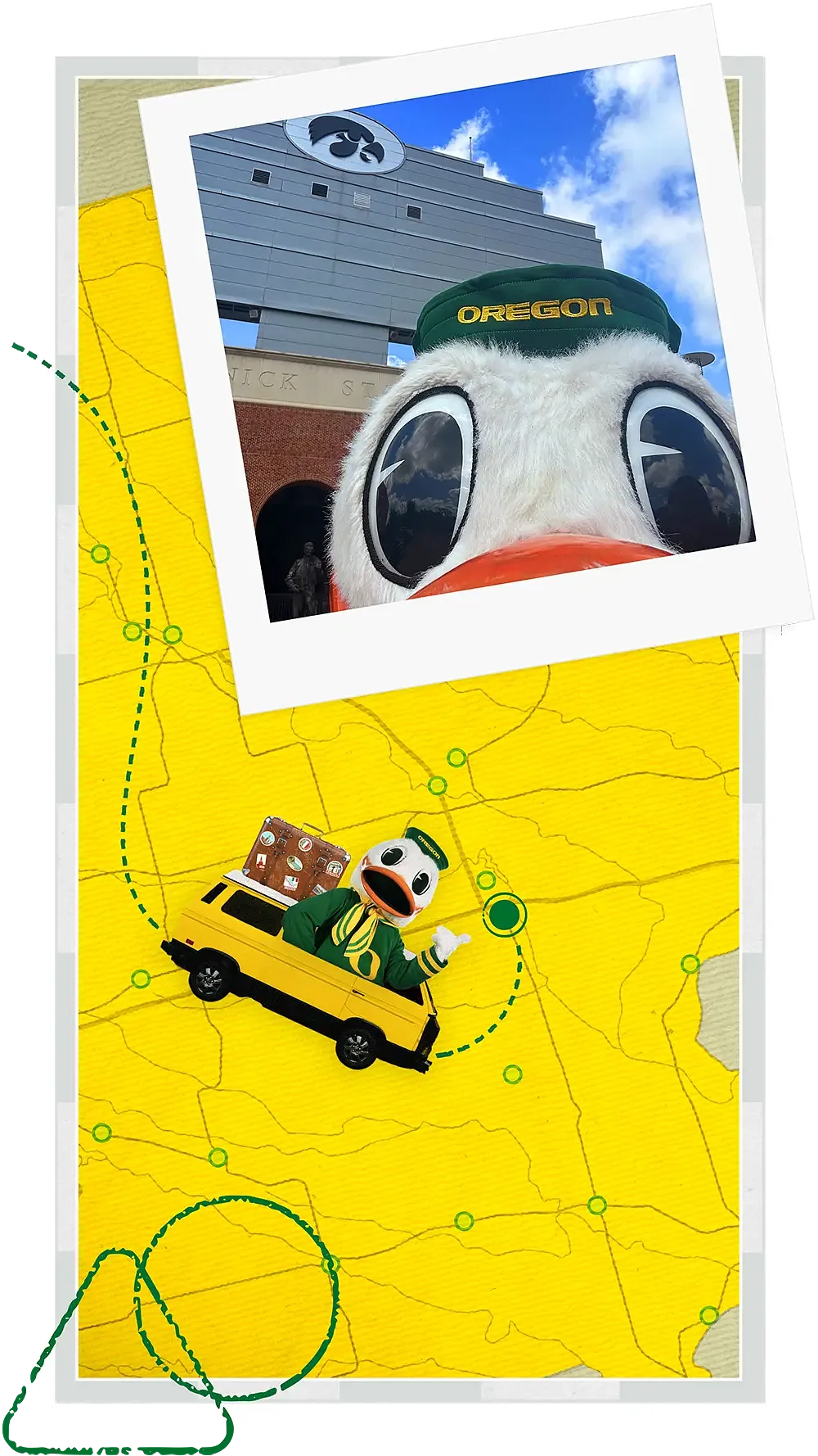 The Oregon Duck holding a slice of pizza
