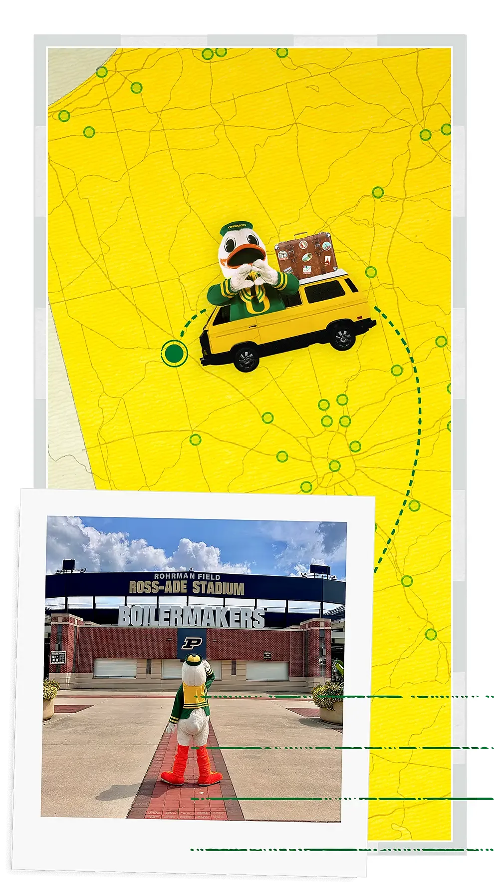 The Oregon Duck standing outside of Purdue University's football stadium