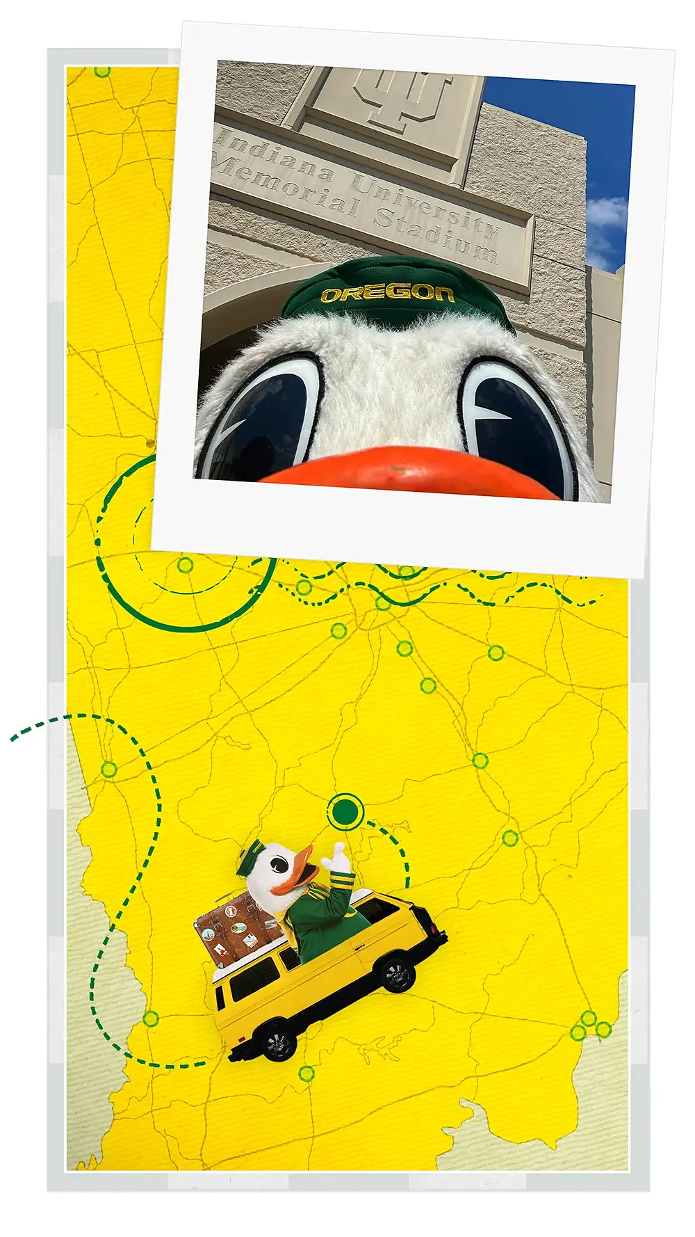 The Oregon Duck's selfie in front of Indiana University's football stadium