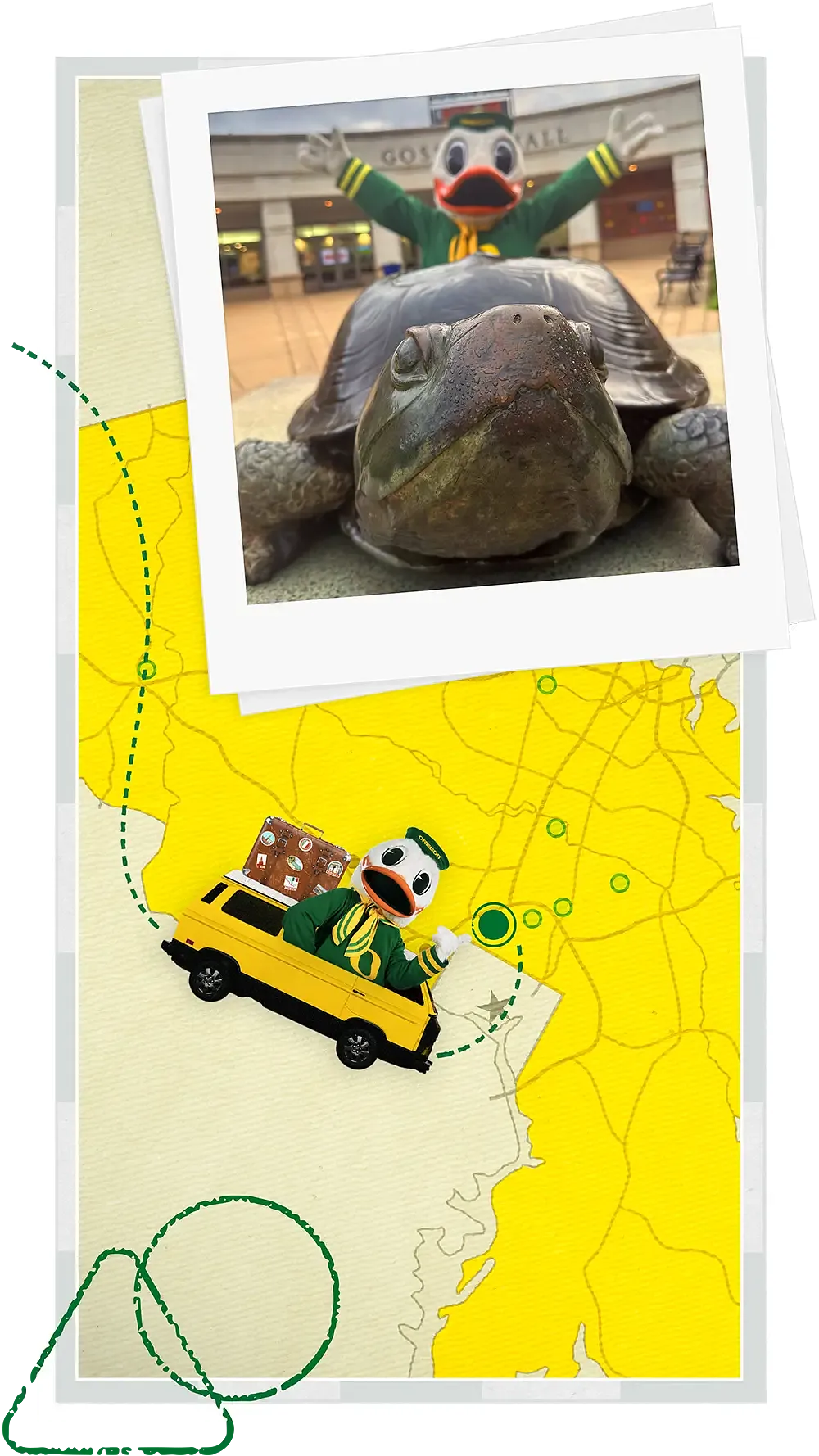 The Oregon Duck posing for a photo behind a turtle statue