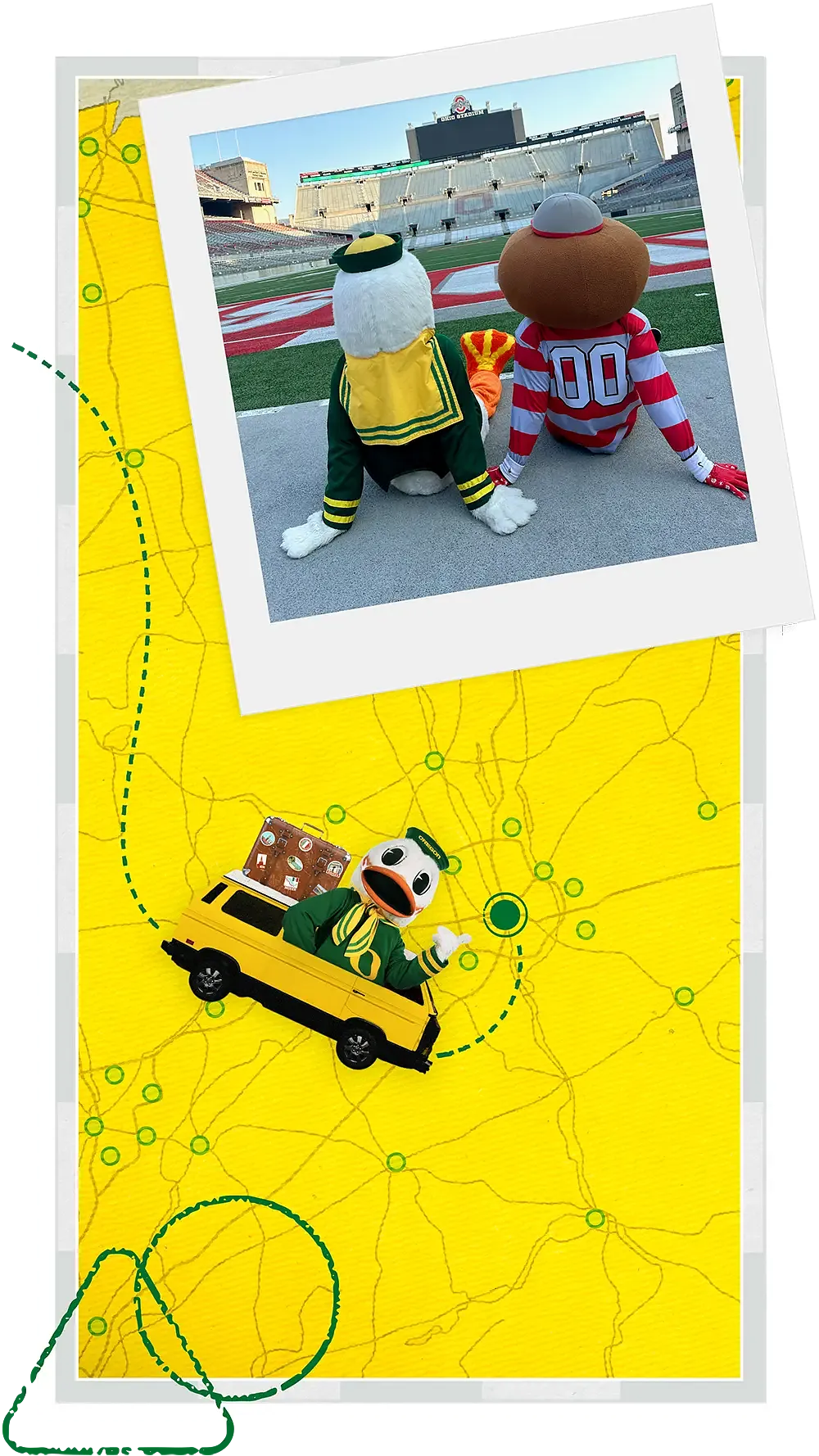 The Oregon Duck sitting next to the Ohio State University mascot, Brutus Buckeye, at the Ohio State football stadium