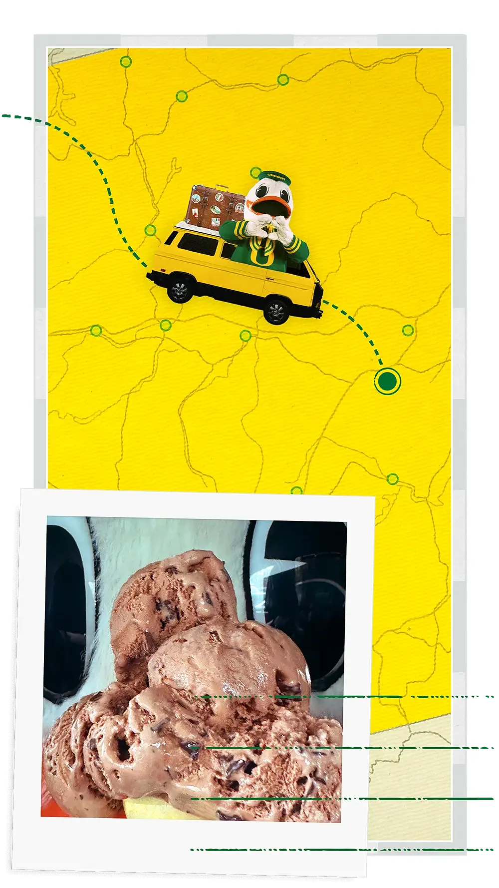 The Oregon Duck with a large cone of chocolate chip ice cream