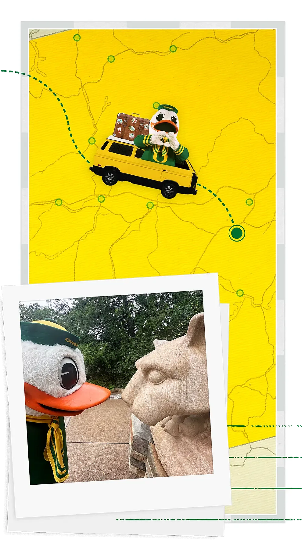 The Oregon Duck looking at a lion statue