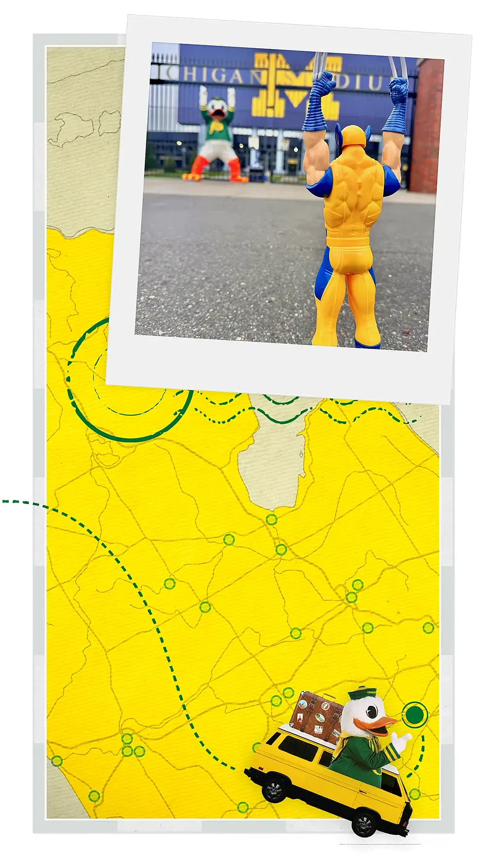 The Oregon Duck posing with a Wolverine action figure outside the University of Michigan football stadium