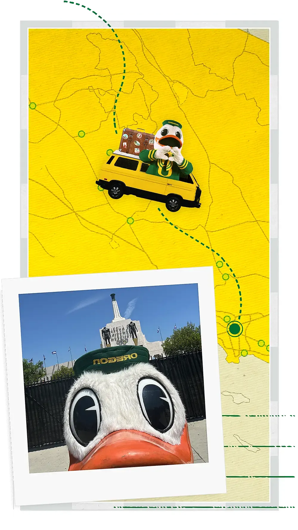 The Oregon Duck taking a selfie outside of USC's football stadium