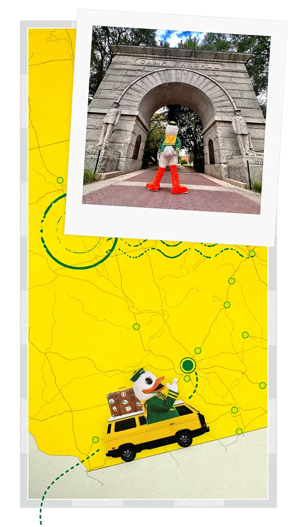 The Duck standing in front of a stone archway