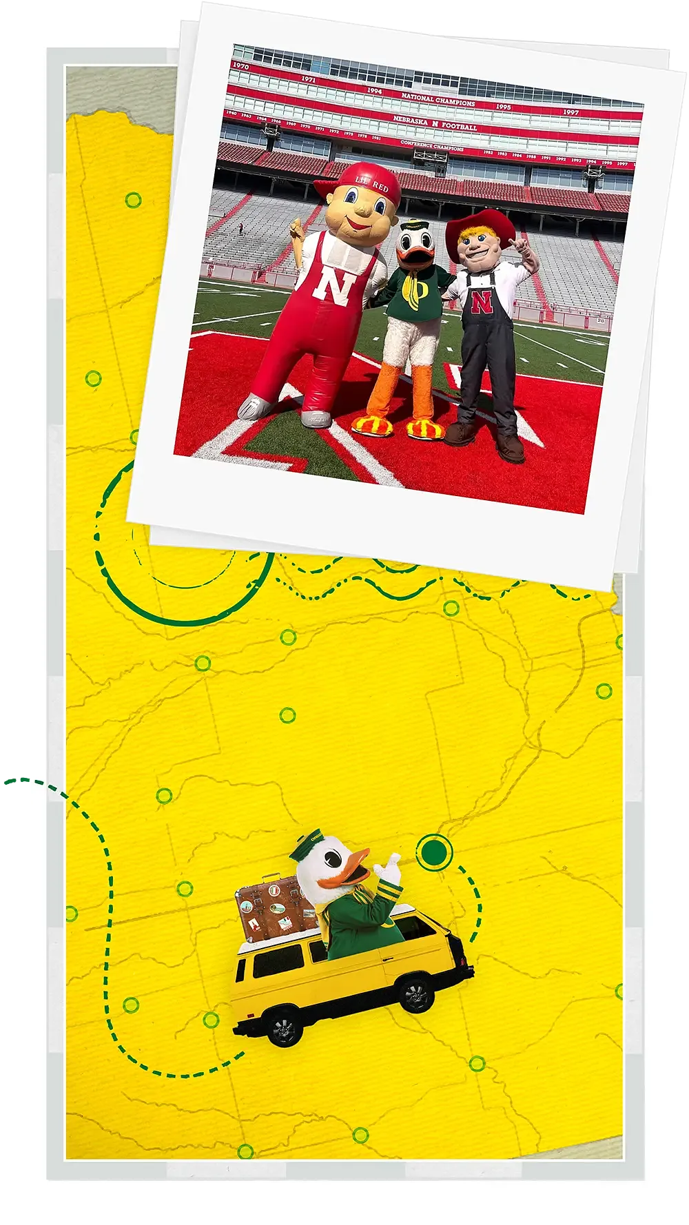 The Duck with Nebraska mascots