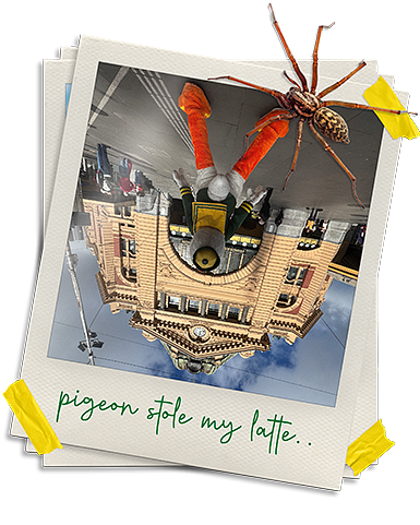 Upside down polaroid photo of The Duck with back to camera looking up at train station