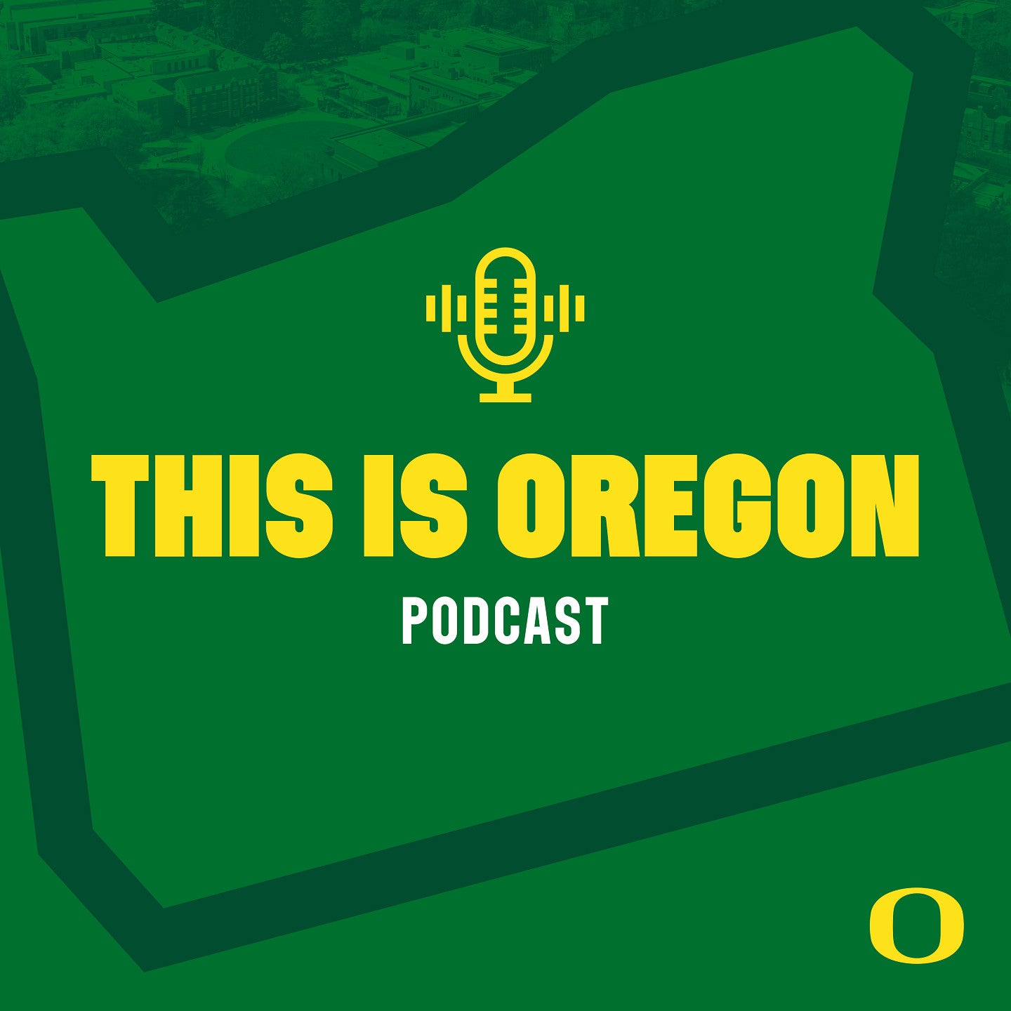 Thumbnail image for the This Is Oregon podcast with text reading "This is Oregon podcast" inside the outline of Oregon with a small microphone icon above it