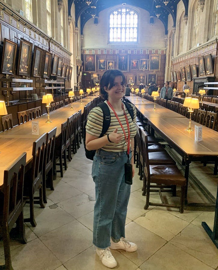 PathwayOregon scholar Mollie Glover in the dining hall of Christ Church, an Oxford University College (In the Harry Potter films, the Hogwarts dining hall was modelled after this space.) UO student Mollie Glover in the dining hall of Christ Church, an Oxford University College