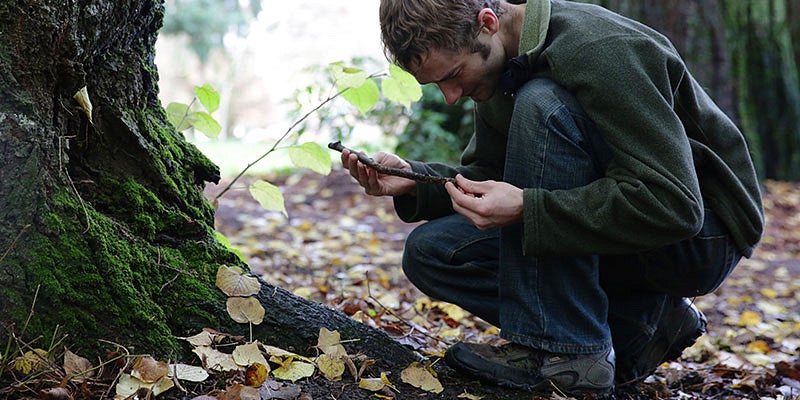 Aaron Nelson examining a stick