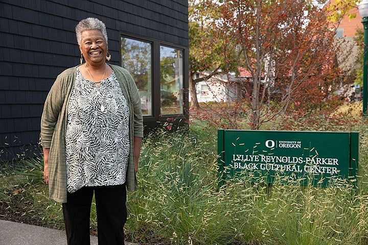 Lyllye Reynolds-Parker in front of the BCC sign