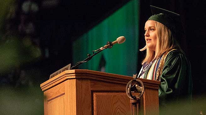 ASUO student president Amy Schenk took a moment to congratulate students on their separate journeys to getting to graduation ASUO student president Amy Schenk took a moment to congratulate students on their separate journeys to getting to graduation