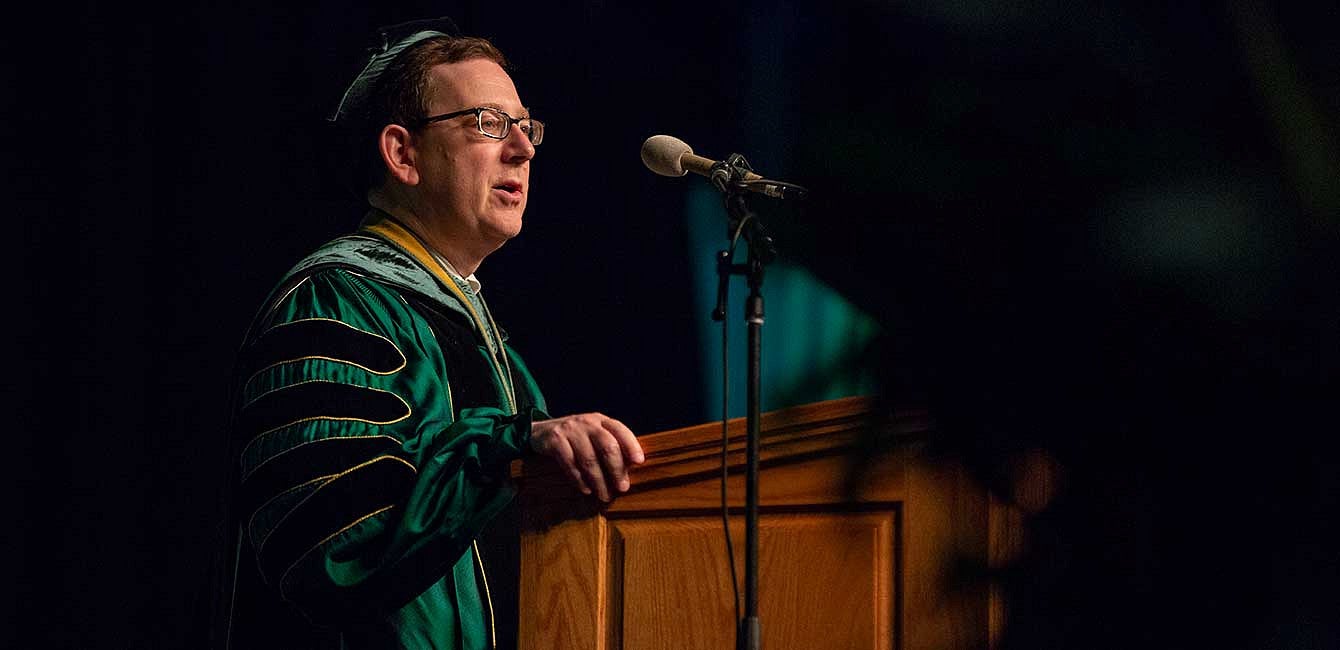 President Schill introduced commencement speakers, gave Carrie Wiems and Lorry Lokey honorary degrees for their contributions to society, and congratulated the newly graduated students President Schill introduced commencement speakers, gave Carrie Wiems and Lorry Lokey honorary degrees for their contributions to society, and congratulated the newly graduated students