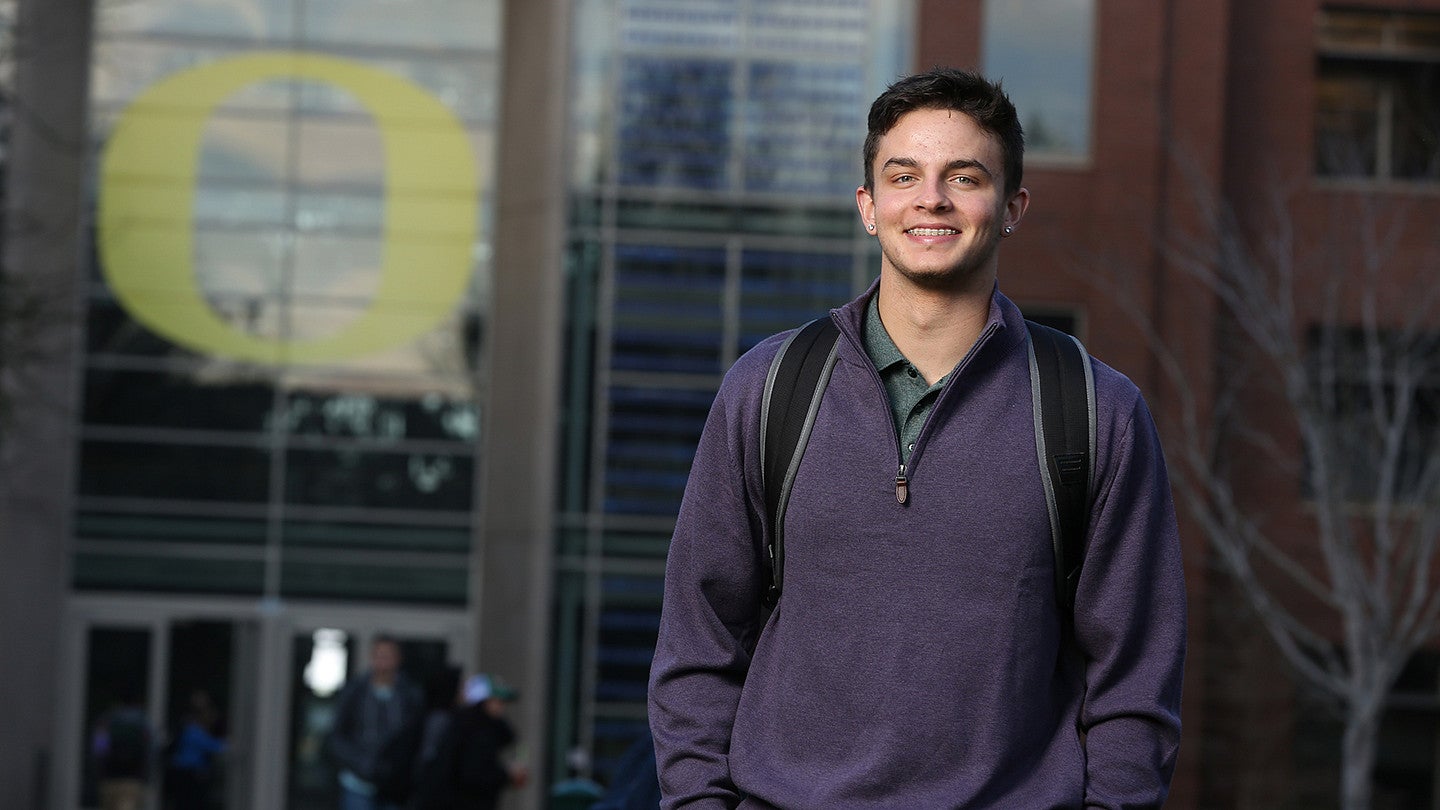 Devon Allen outside of the Lillis Business Complex