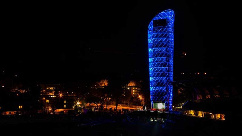 The Hayward Field tower at night