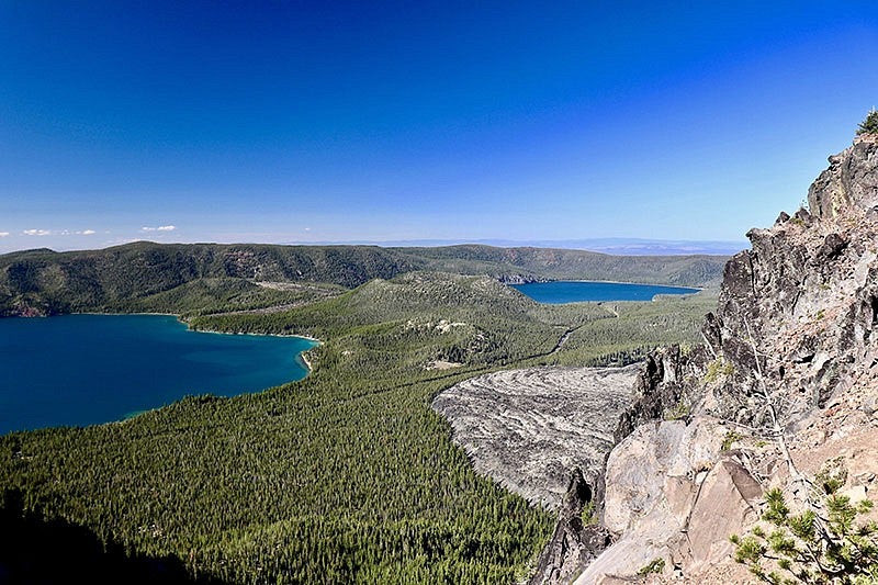 Paulina Lake, left, and East Lake, with Pumice Cone and other volcanic features between them are visible from atop Paulina Peak at the Newberry volcano. (Photo by Thomas Giachetti) Image taken from Newberry’s Paulina Peak shows Paulina and East lakes