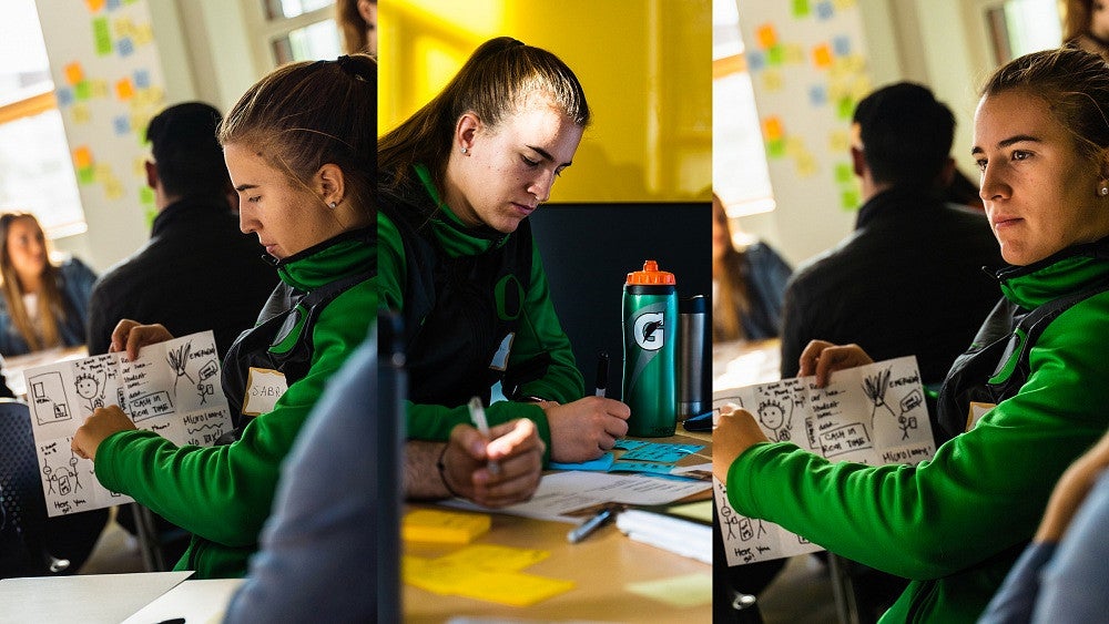 Three classroom photos of Sabrina Ionescu