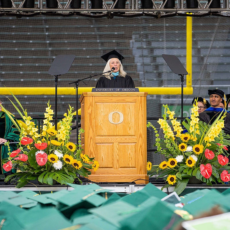 Ginevra Ralph, chair, UO Board of Trustees, speaking at the 2022 UO Graduation Ginevra Ralph, chair, UO Board of Trustees, speaking at the 2022 UO Graduation