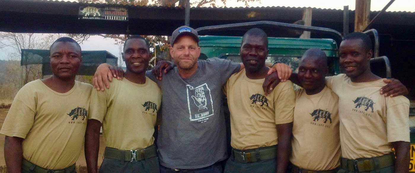 Jess Kokkeler with members of the International Anti-Poaching Federation team in Zimbabwe