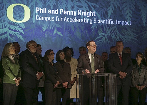 President Michael H. Schill at the announcement of the Phil and Penny Knight Campus for Accelerating Scientific Impact