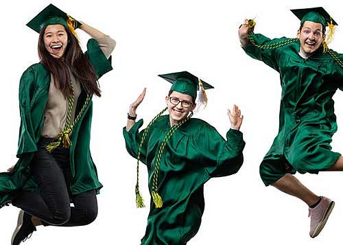 Kahei Lee, Brianna Kendrick, and Devon Linville in cap and gown